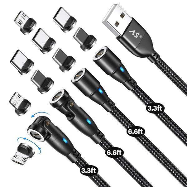 AS Magnetic Charging Cable 4 Pack 3 in 1 Nylon Braided USB C Micro USB iPhone Charger Data Transfer Cord 3.3ft 6.6ft