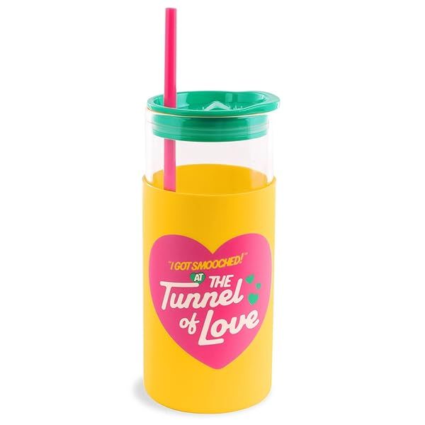 ban.do Glass Tumbler with Straw and Lid 20 Ounce Cute Reusable Coffee Cup with Silicone Sleeve Tunnel of Love Design