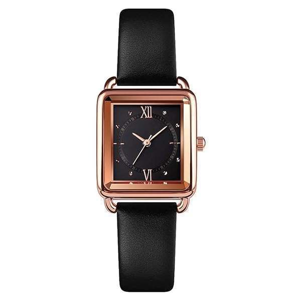 Stylish Carlien Women's Quartz Rectangle Dress Watch with Leather Strap & Sapphire Crown - Small Black