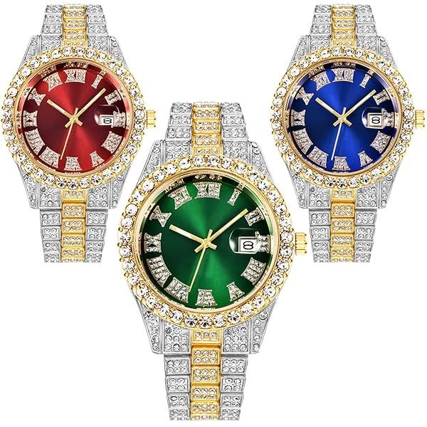 CdyBox 3 Pack Luxury Men Hip Hop Watches with Roman Scale Calendar and Diamond Stainless Steel Design