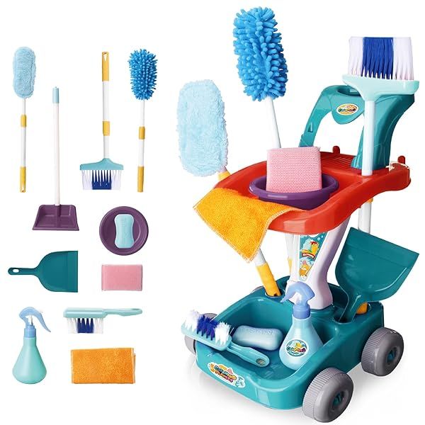 deAO Kids Cleaning Set 12 PCS Pretend Play Housekeeping Cart with Broom Dust Pan Spray Bottle for Ages 3 and Up