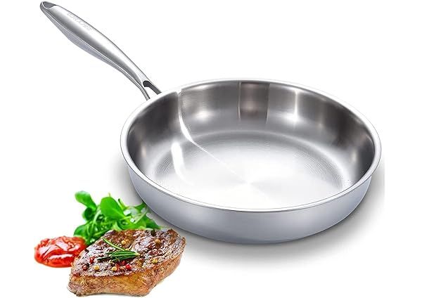DELARLO 10 Inch Full Clad Tri-Ply Stainless Steel Frying Pan Heavy Duty Oven Safe All Stove Compatible Chef's Pan for Kitchen