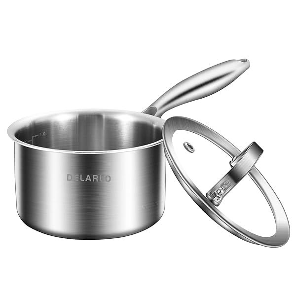 DElarlo Tri-Ply Stainless Steel 1 Quart Saucepan with Lid for All Stoves Durable Fast Heating Cooking Pot