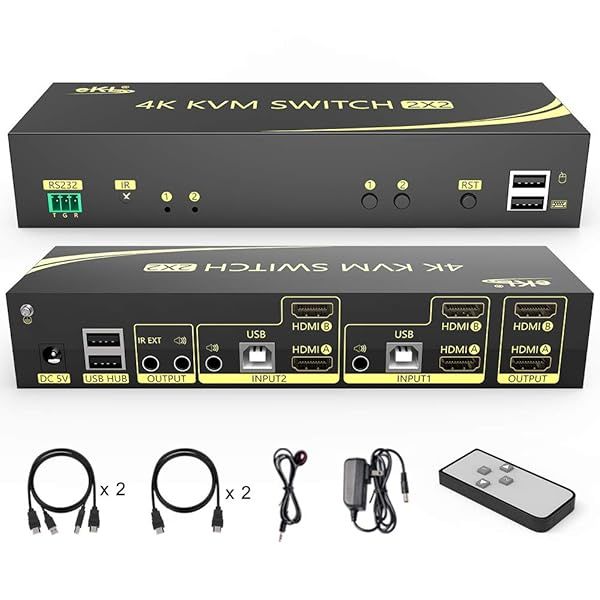 eKL HDMI KVM Switch 2x2 Dual Monitor 4K@60Hz with Audio & USB Hub - Effortless PC, Monitor, Keyboard, Mouse Switching