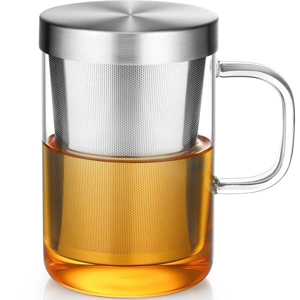 Ecooe 16.9 Oz Borosilicate Glass Tea Mug with Stainless Steel Infuser & Lid - Perfect for Loose Leaf Tea