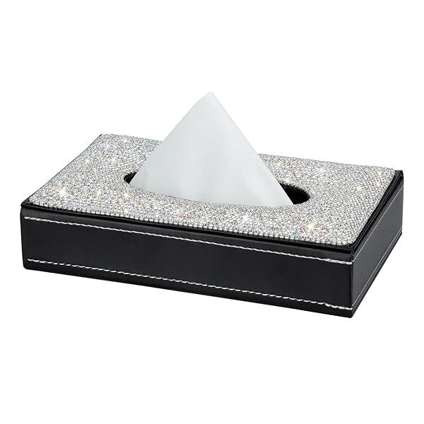Elegant Rectangle Tissue Box Cover in Bling Crystal Diamonds - Premium Leather Holder for Car, Office & Home - Silver
