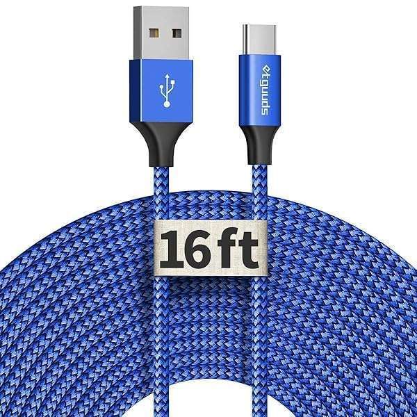 16ft USB C Cable - Fast Charging Nylon Braided USB-A to Type C for Phones & Tablets - Extra Long, Durable & Stylish Blue