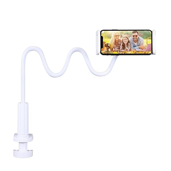Hosann Century Gooseneck Phone Holder for Bed Flexible Adjustable Arm Clamp for 4-7 Inch Cellphones White Desk Stand