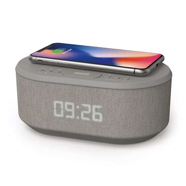 i-Box Dawn Alarm Clock Radio: Bluetooth, Wireless Charging, FM, USB & Dimmable Night Light for Bedrooms (Grey)