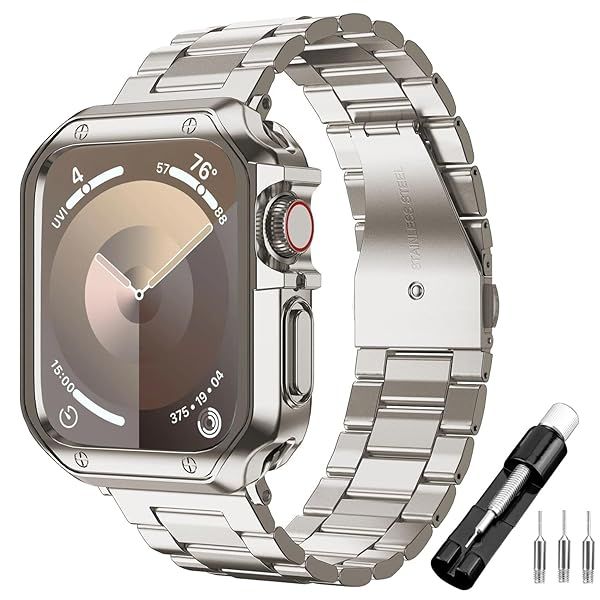 iTecFree Apple Watch 9 Metal Band and Case Stainless Steel Strap TPU Soft Rugged for iWatch SE Series 9 8 7 6 5 4 42mm 44mm 45mm Starlight