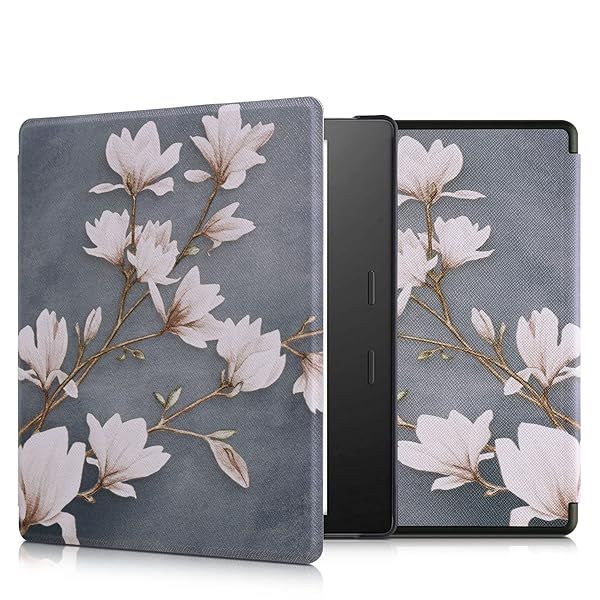 KWMobile Kindle Oasis 10th Gen Case - Stylish White Flowers eReader Cover for Ultimate Protection