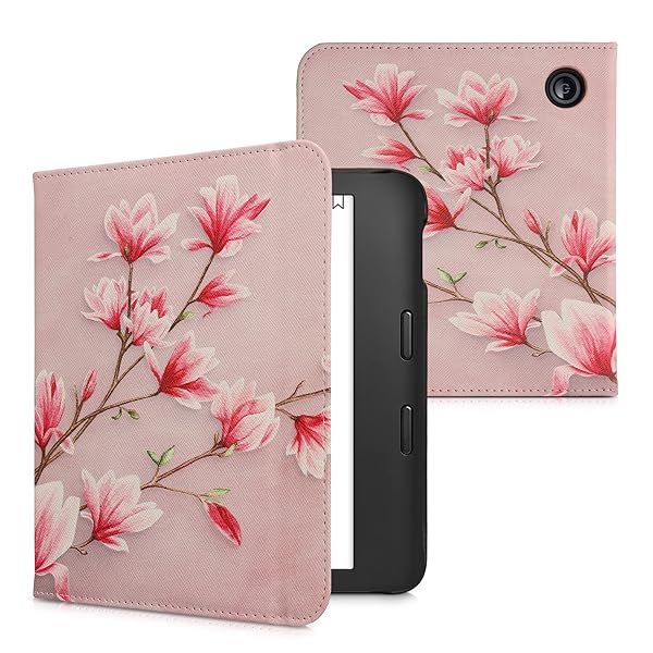 KWMobile Kobo Libra 2 Case - Stylish PU Cover with Strap in Magnolias Pink/White/Dusty Pink