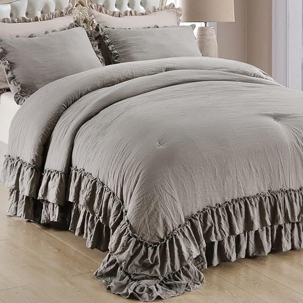Masaca Gray Ruffled Comforter Set King Lightweight Fluffy Vintage Rustic Bedding 3 Pieces Farmhouse Shabby Boho Chic Design