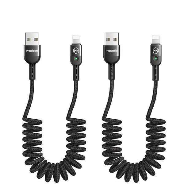 McDodo 2 Pack Anti-Winding LED Coiled USB Cable 6FT - Nylon Braided Sync & Charge for iPhone 14/13/12/11 Pro Max