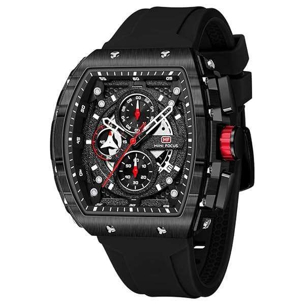MF MINI FOCUS Men's Tonneau Watch: Waterproof Chronograph, Luminous, Calendar, & Silicon Strap - Stylish Quartz Timepiece