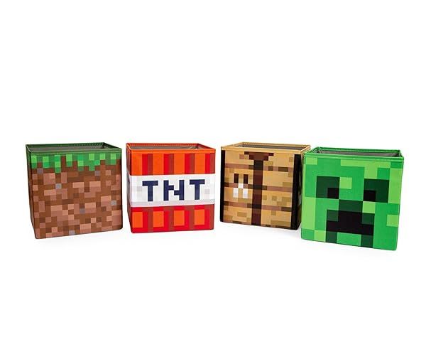 Minecraft 10 Inch Storage Set of 4 Bins with Creeper TNT Grass Crafting Table Fabric Basket Container for Playroom Home Decor