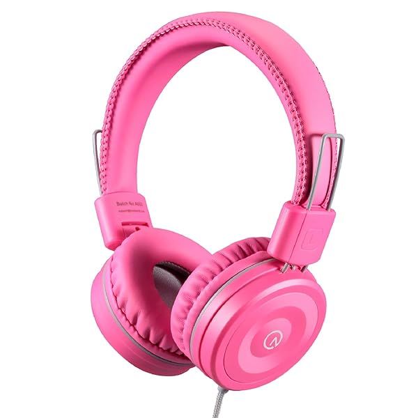 Kids Headphones K22: Foldable Stereo, Tangle-Free, 5ft Cord - Perfect for iPad, Kindle, School & Travel - Flamingo Pink