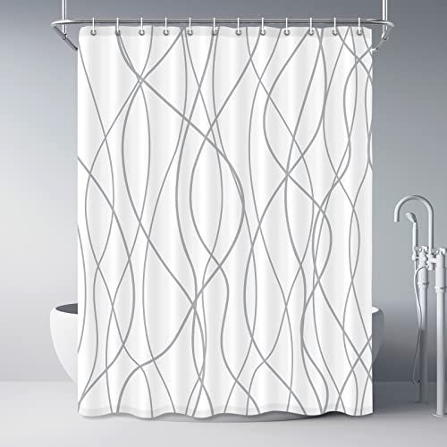 Punkray Extra Long Grey and White Striped Fabric Shower Curtain with 12 Hooks Waterproof Machine Washable Bath Accessories