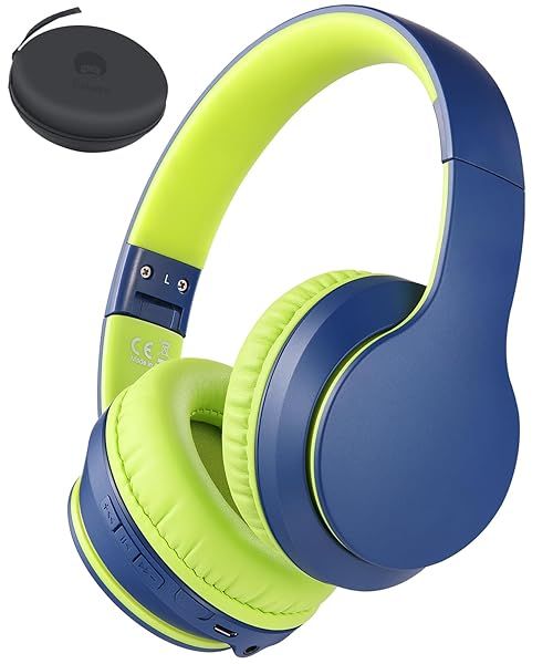 Rockpapa E7 Over Ear Bluetooth Headphones with Mic & Travel Case - Foldable Wired/Wireless for Kids & Adults in Blue/Green