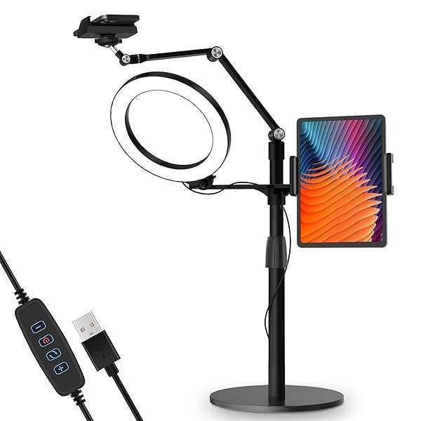 Viozon 3-in-1 Selfie Desktop Stand with LED Ring Light for YouTube & TikTok - Adjustable for Phones & Tablets