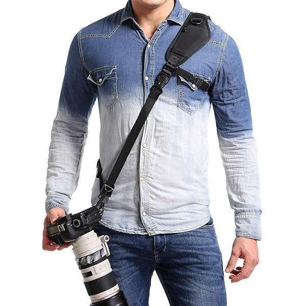 Adjustable Waka Camera Neck Strap with Quick Release & Safety Tether for Nikon, Canon, Sony, Fuji DSLR - Black