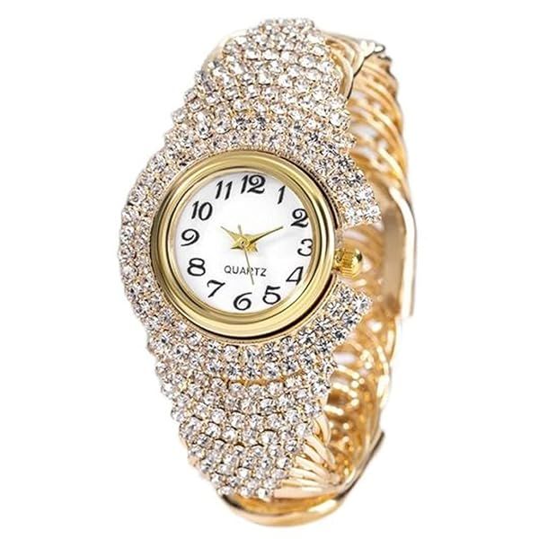 Weicam Women Elegant Crystal Bangle Bracelet Round Dial Analog Quartz Wristwatch Gold