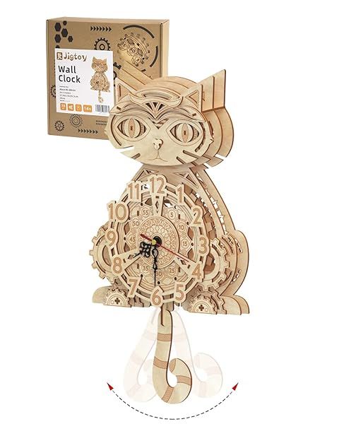 Wooden 3D Puzzles for Adults Cat Clock Model Kit Kids Wall Clock Decor Birthday Gift Christmas Day
