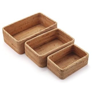 Natural Rattan Fruit Storage Baskets Set of 3 Rectangular Woven Wicker Box for Keys Remotes Stackable Home Organization