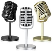 3 Pcs Vintage Microphone Toy Props with Stand Antique Model for Party Role Play Stage Table Decorations in 3 Colors