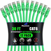 Maximm Cat 6 Ethernet Cable 30ft (12-Pack) - High-Speed 10Gbps LAN & Network Cables - UTP, 550MHz, Green
