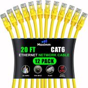 Maximm Cat 6 Ethernet Cable 20ft (12-Pack) - High-Speed 10Gbps LAN & Network Cable - Yellow UTP, 550MHz Patch Cord