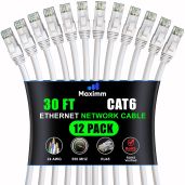 Maximm Cat 6 Ethernet Cable 40ft (12-Pack) - High-Speed 10Gbps LAN & Internet Patch Cables - UTP, 550MHz, White