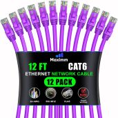 Maximm Cat 6 Ethernet Cable 12 ft (12-Pack) - High-Speed 10Gbps Network Cable, UTP, 550MHz - Purple Patch Cord