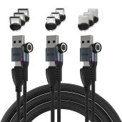 Statik 360 Pro Magnetic Charging Cable 3 Pack - 100W Fast USB C, Micro-USB & USB-A Charger - 3FT/1M Black