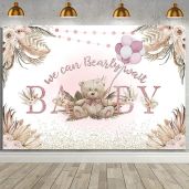 Boho Chic Baby Shower Backdrop 7x5ft - AIBIIN We Can Bearly Wait with Flowers & Balloons