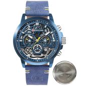BORUSE Blue Leather Chronograph Skeleton Quartz Watch for Men Business Dress Waterproof Analog Wristwatch with Luminous Calendar