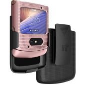 Rose Gold Pink Hard Shell Case with Clip for Motorola RAZR 5G Flip Phone - Slim Cover & Belt Holster Combo