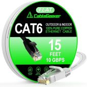 Cat 6 Ethernet Cable 15ft (at a Cat5e Price but Higher Bandwidth) Flat 10Gbps Internet Network Cable - Cat6 Ethernet Patch Cable Short - Cat6 Computer Cable with Snagless RJ45 Connectors - White