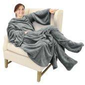 Cozy Catalonia Wearable Fleece Blanket with Sleeves & Foot Pockets for Adults - Micro Plush Grey Robe