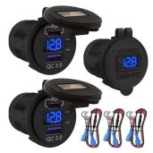 DaierTek 12V USB C Car Charger Socket - 48W PD & QC 3.0 Dual USB Outlet with Voltmeter & Switch for Cars, Boats & Golf Carts - 3 Pack