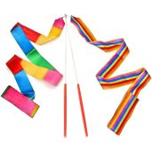 Rainbow Dance Ribbons & Streamers for Kids - 2pc Rhythmic Gymnastics & Baton Twirling Wands