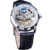 FOR SINING Men's Luxury Skeleton Moon Phase Tourbillon Watch - Automatic Dual Time Zone, Leather Strap, Large Dial