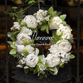 Artificial White Peony Floral Wreath 15-16 Inch for Front Door and Wall Decor