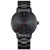 GOLDEN HOUR Men's Slim Minimalist Black Stainless Steel Quartz Watch with Red Hand for Stylish Runway Look