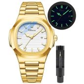 Gosasa Fashion Men's Luxury Quartz Watch Waterproof Stainless Steel Analog Date Display Gold White Business Wristwatch