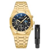 Gosasa Luxury Men's Chronograph Quartz Watch Waterproof Stainless Steel Strap Gold Black Fashion Wristwatch for Business and Casual Wear