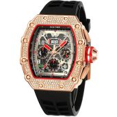 Gosasa Mens Diamond Luxury Tonneau Analog Chronograph Calendar Dress Watch with Large Rectangle Face and Silicon Strap