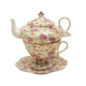 Gracie China 4-Piece Tea Set: Porcelain Stacked Teapot & Cup with Cream Cottage Rose Chintz Design