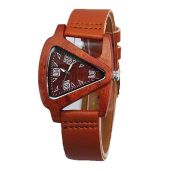 Stylish HJIAN Triangle Red Wood Watch for Women - Leather Band Quartz Bracelet Timepiece