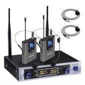 HOTEC UHF Wireless Microphone System: Dual Lapel & Headset Mics for Church, Training, Karaoke & Interviews (H-K25)